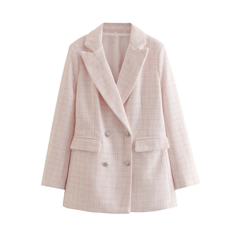 Casual Women Vintage Office Lady Plaid Double Breasted Chic Blazer