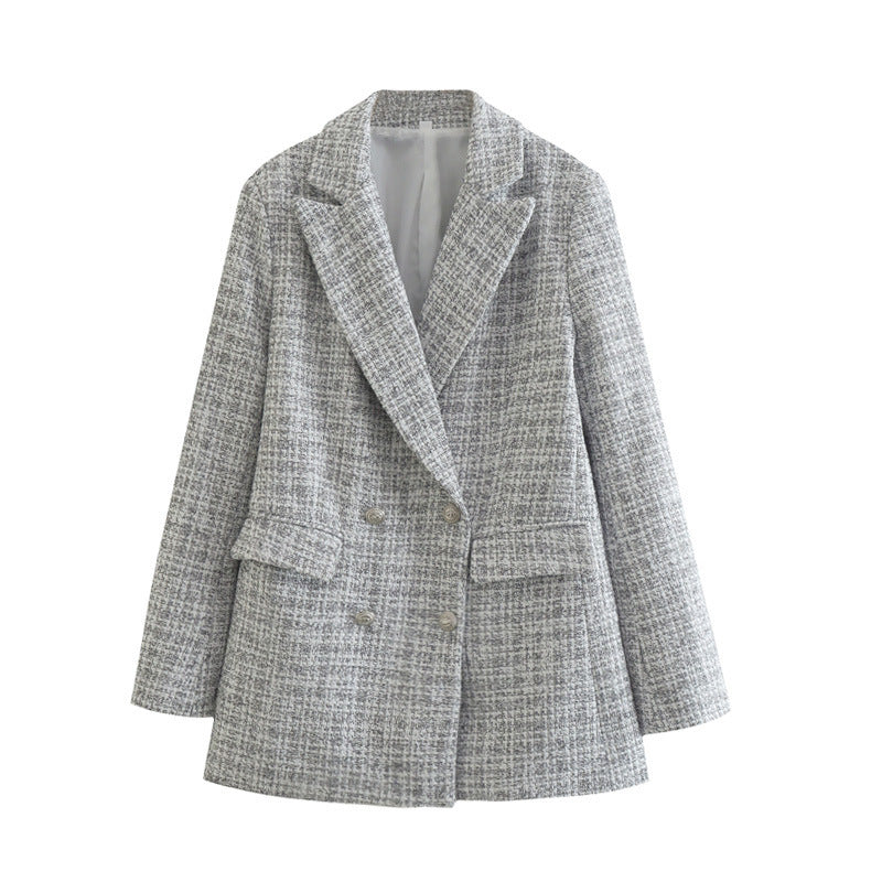 Casual Women Vintage Office Lady Plaid Double Breasted Chic Blazer