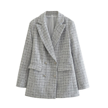 Casual Women Vintage Office Lady Plaid Double Breasted Chic Blazer