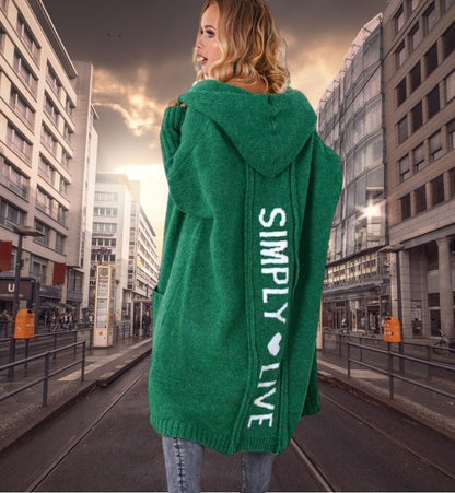 Women Casual Autumn Knitted Cardigan Lazy Loose Solid Color Long Sleeves Hooded Over Coat