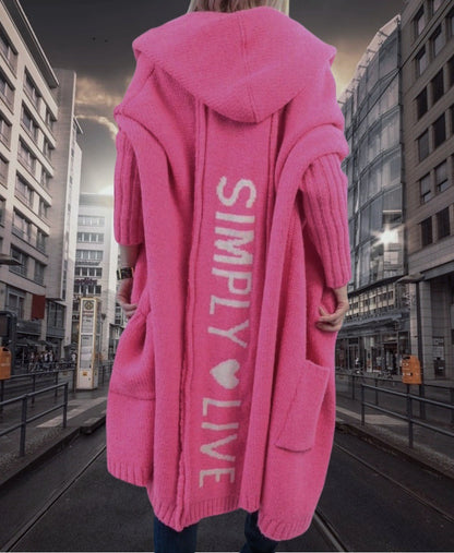 Women Casual Autumn Knitted Cardigan Lazy Loose Solid Color Long Sleeves Hooded Over Coat