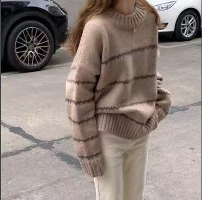 Women Autumn Winter Casual Classic Stripes Round Neck Loose Knitted Sweater