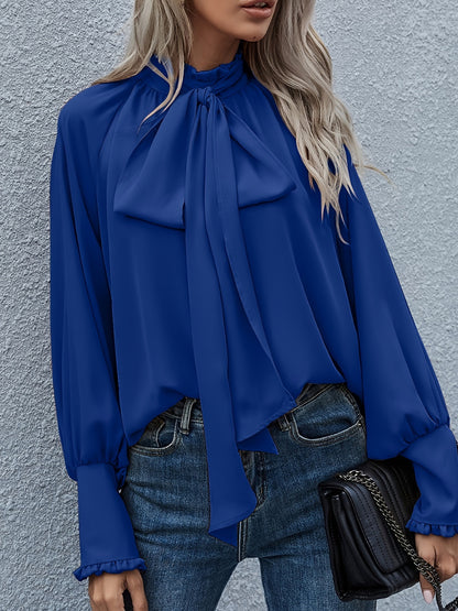 Blusa holgada informal elegante de manga larga con cuello alto y lazo para mujer