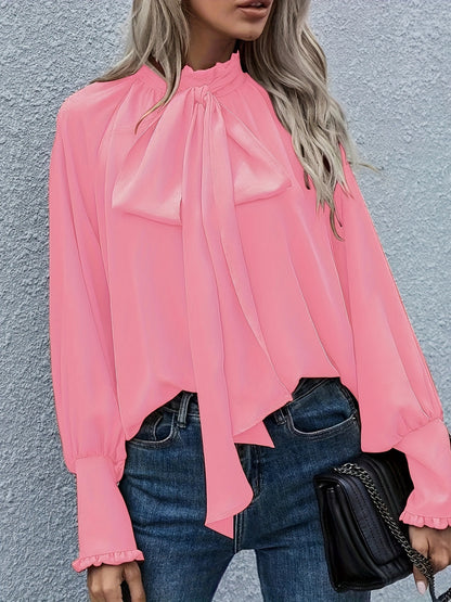 Blusa holgada informal elegante de manga larga con cuello alto y lazo para mujer