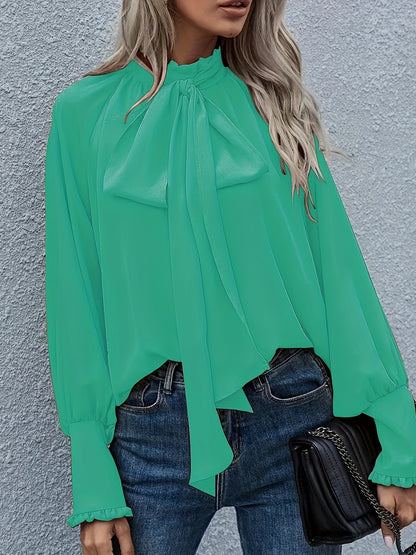Blusa holgada informal elegante de manga larga con cuello alto y lazo para mujer