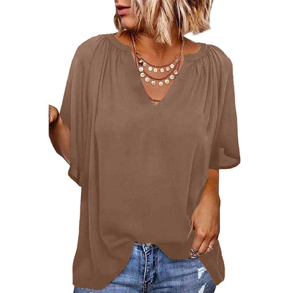 Blusa informal holgada de color liso con cuello en V y volantes de manga corta para mujer