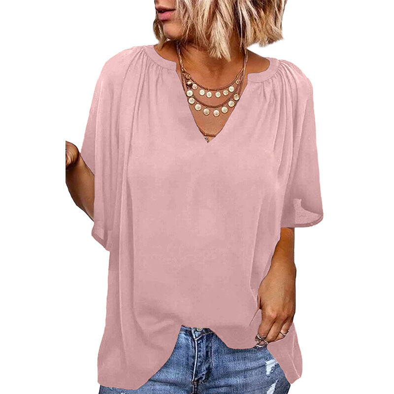 Blusa informal holgada de color liso con cuello en V y volantes de manga corta para mujer