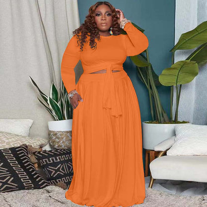 Plus Size Women'S Fashion Long Sleeve Lace-Up Top Casual Skirt Set Two Piece Set