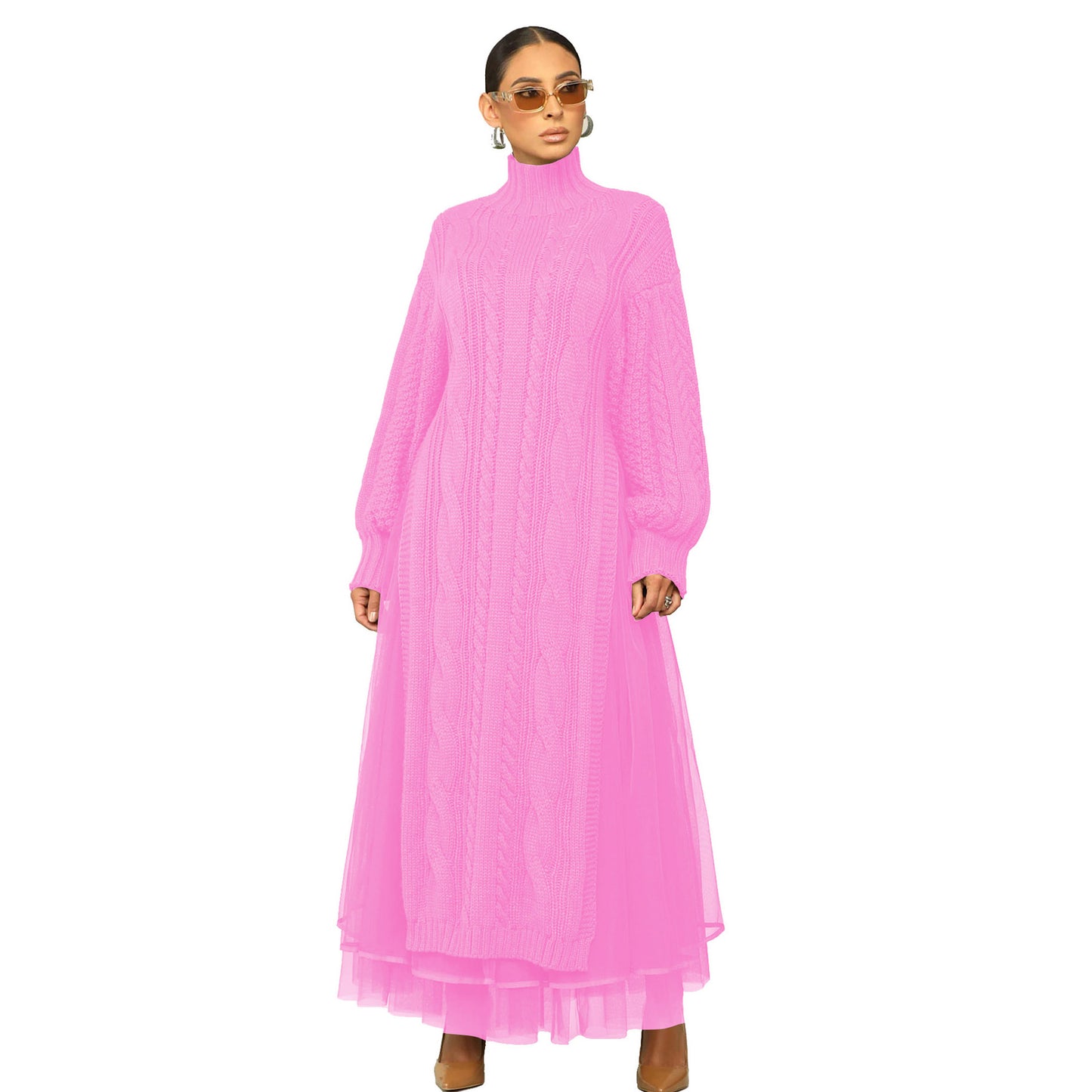 Women Fashion Casual Solid Color Sweater Split Mesh Skirt Two Pieces Set