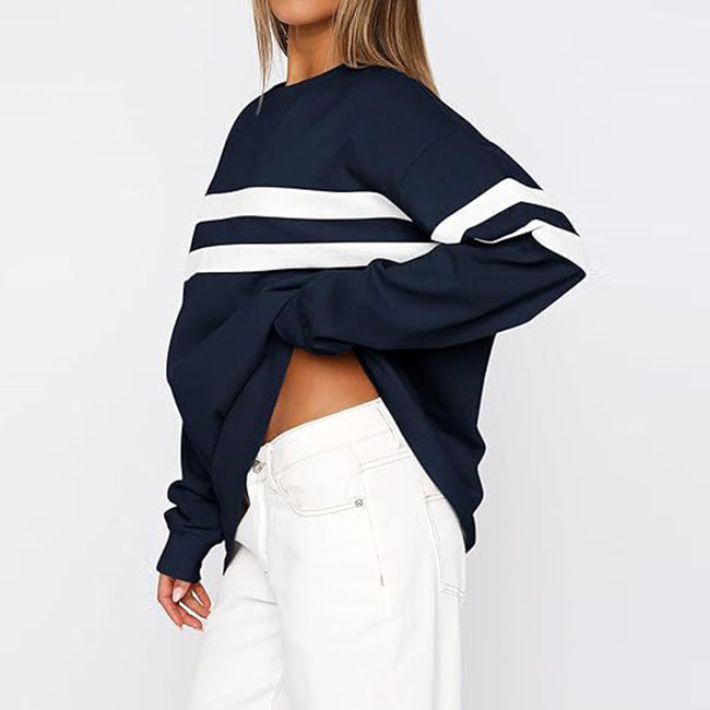 Sudadera informal de manga larga con cuello redondo y rayas para mujer