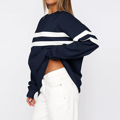 Sudadera informal de manga larga con cuello redondo y rayas para mujer