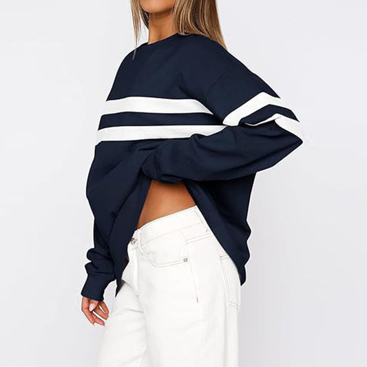 Sudadera informal de manga larga con cuello redondo y rayas para mujer