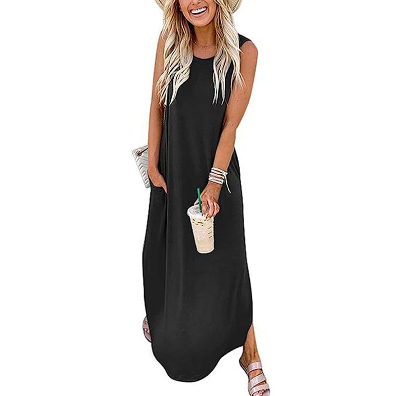 Vestido largo informal holgado de verano para mujer, elegante, con cuello redondo, sin mangas, color liso