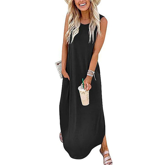 Women Elegant Round Neck Sleeveless Summer Solid Color Loose Casual Maxi Dress