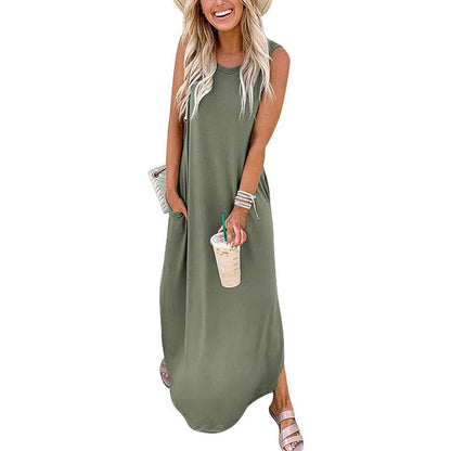 Vestido largo informal holgado de verano para mujer, elegante, con cuello redondo, sin mangas, color liso
