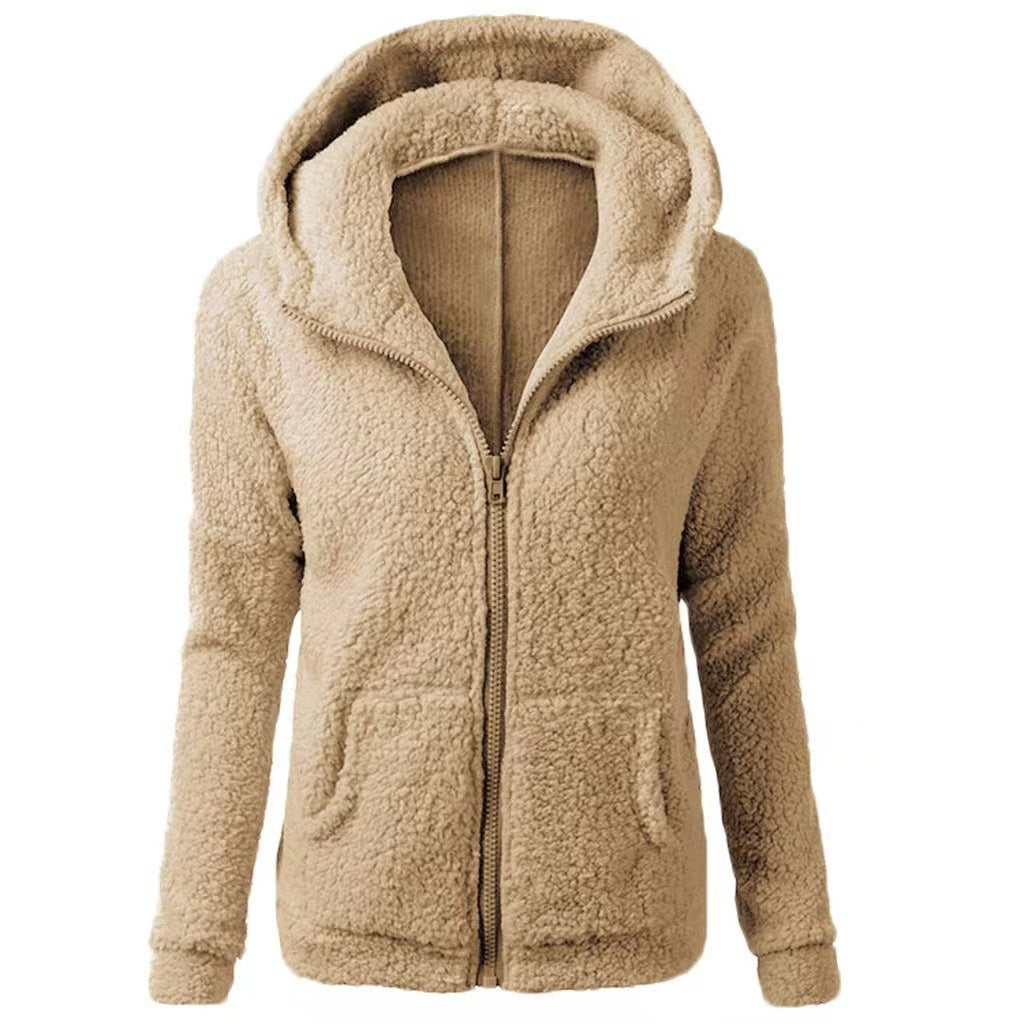 Sudadera con capucha de felpa con bolsillo de color liso para mujer, informal, de invierno