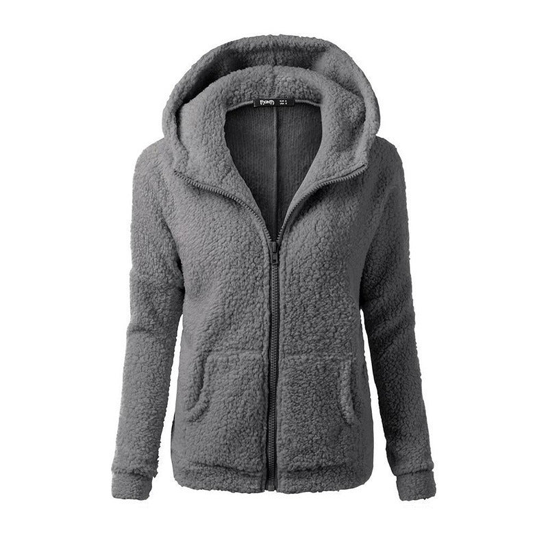 Sudadera con capucha de felpa con bolsillo de color liso para mujer, informal, de invierno
