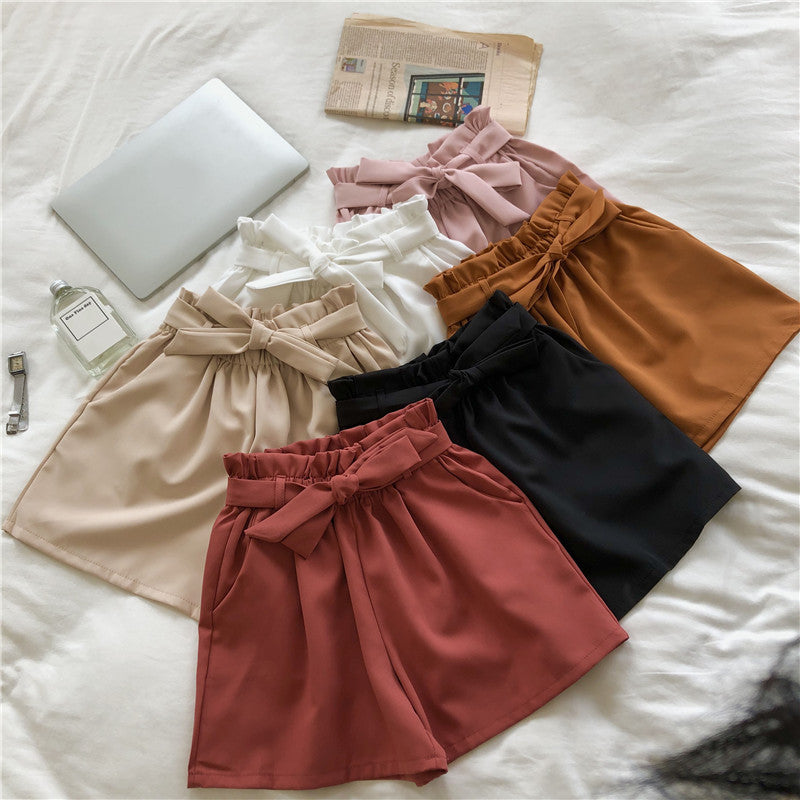 Women Cute casual BowKnot Bandage Loose Elastic Waist Shorts