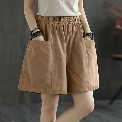 Women Fashion Casual Solid Color Elastic-Waist Wide Leg Shorts