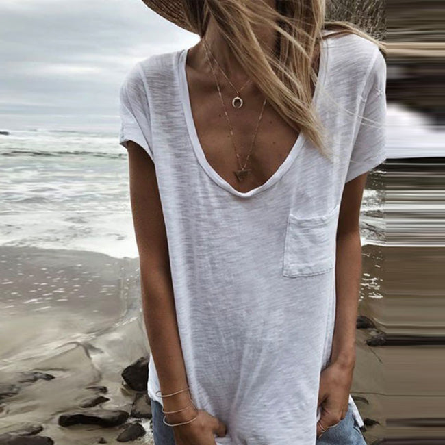 Women'S Plus Size Basic Fashion U-Neck Solid Color Casual Short-Sleeved T-shirt