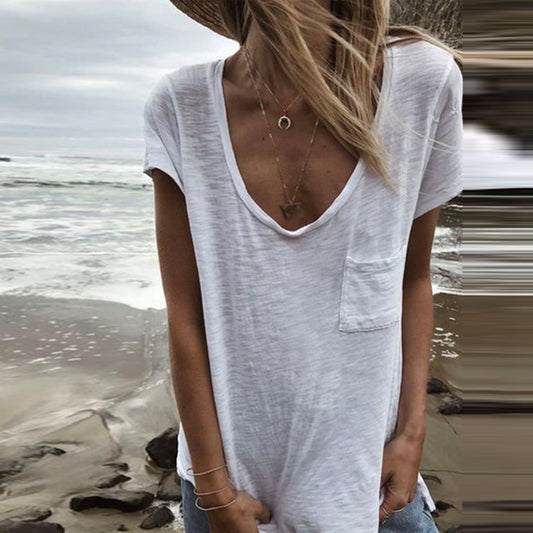 Camiseta básica de manga corta con cuello en U, color liso, informal, de talla grande para mujer
