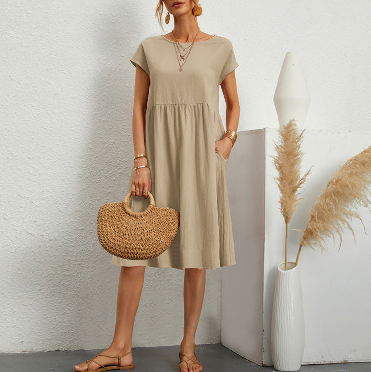 Fashion Summer Women'S Round Neck Solid Color Casual Short Sleeve Dress