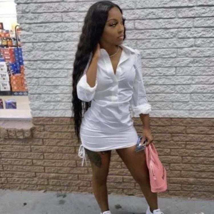 Women Fashion Casual Long Sleeve Solid Color Drawstring Hem Shirt Dress