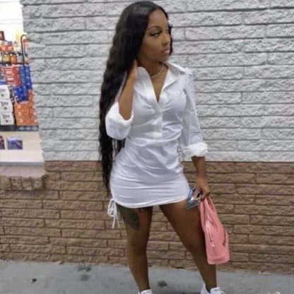 Women Fashion Casual Long Sleeve Solid Color Drawstring Hem Shirt Dress