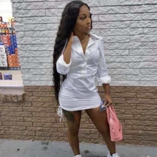 Women Fashion Casual Long Sleeve Solid Color Drawstring Hem Shirt Dress