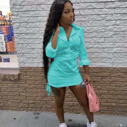 Women Fashion Casual Long Sleeve Solid Color Drawstring Hem Shirt Dress