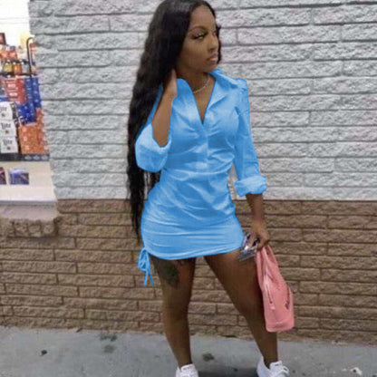 Women Fashion Casual Long Sleeve Solid Color Drawstring Hem Shirt Dress
