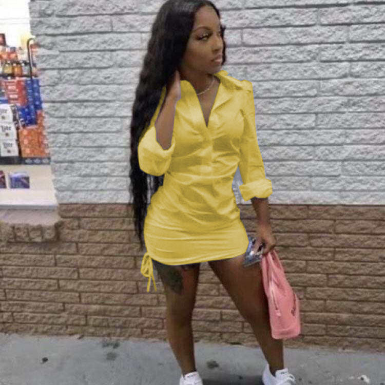 Women Fashion Casual Long Sleeve Solid Color Drawstring Hem Shirt Dress