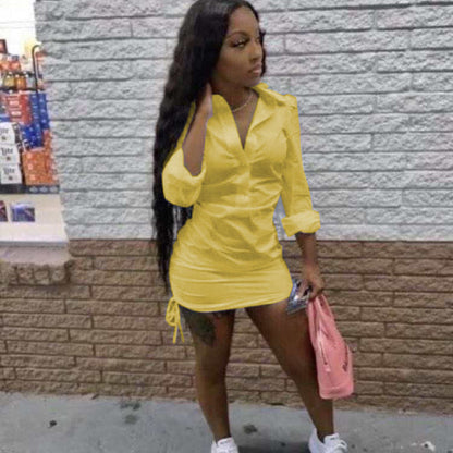 Women Fashion Casual Long Sleeve Solid Color Drawstring Hem Shirt Dress