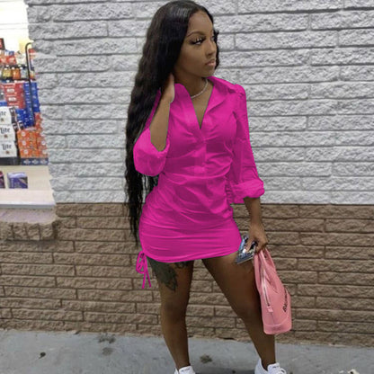 Women Fashion Casual Long Sleeve Solid Color Drawstring Hem Shirt Dress