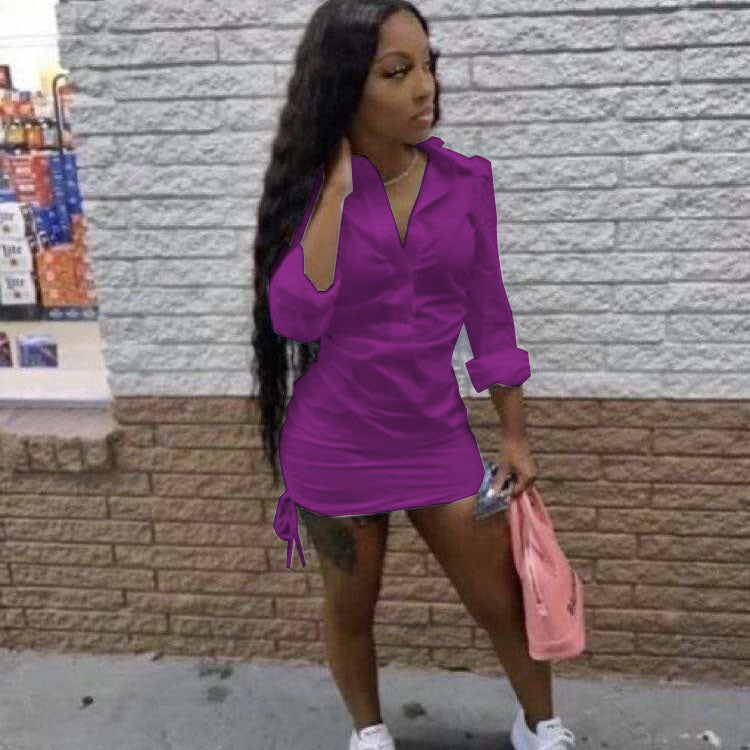 Women Fashion Casual Long Sleeve Solid Color Drawstring Hem Shirt Dress