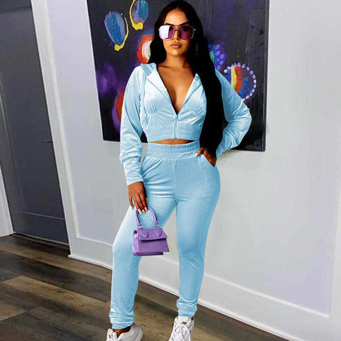 Conjunto deportivo de dos piezas para mujer, con capucha, pantalones y manga larga, elásticos y lisos