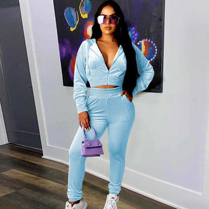 Conjunto deportivo de dos piezas para mujer, con capucha, pantalones y manga larga, elásticos y lisos