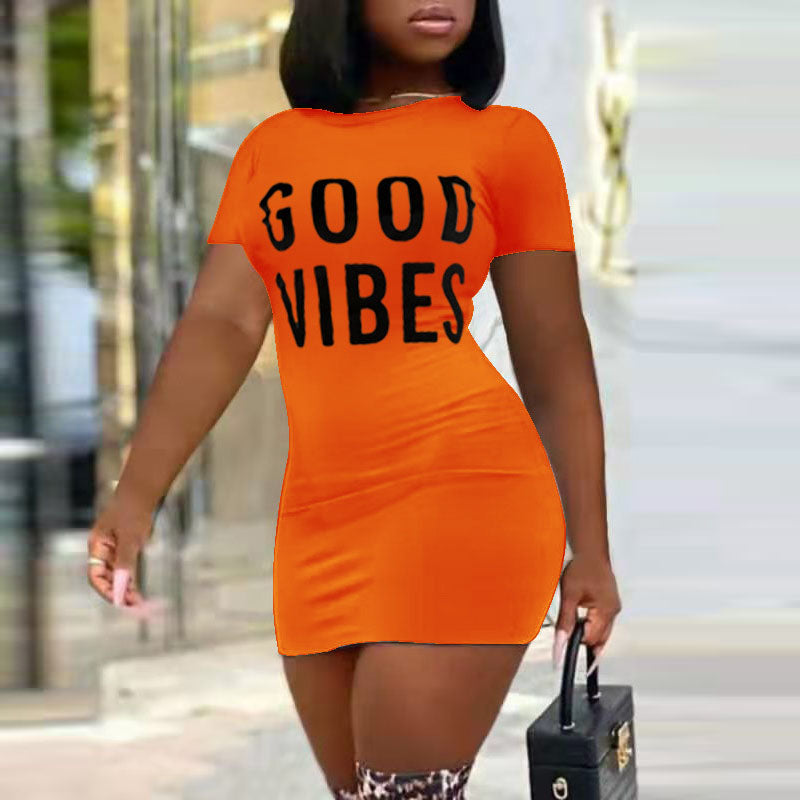 Summer Women Casual Sexy Letters Round Neck Letter Print Dress