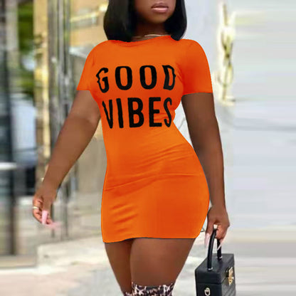 Summer Women Casual Sexy Letters Round Neck Letter Print Dress