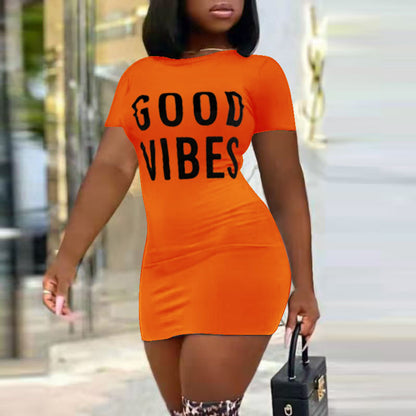 Summer Women Casual Sexy Letters Round Neck Letter Print Dress