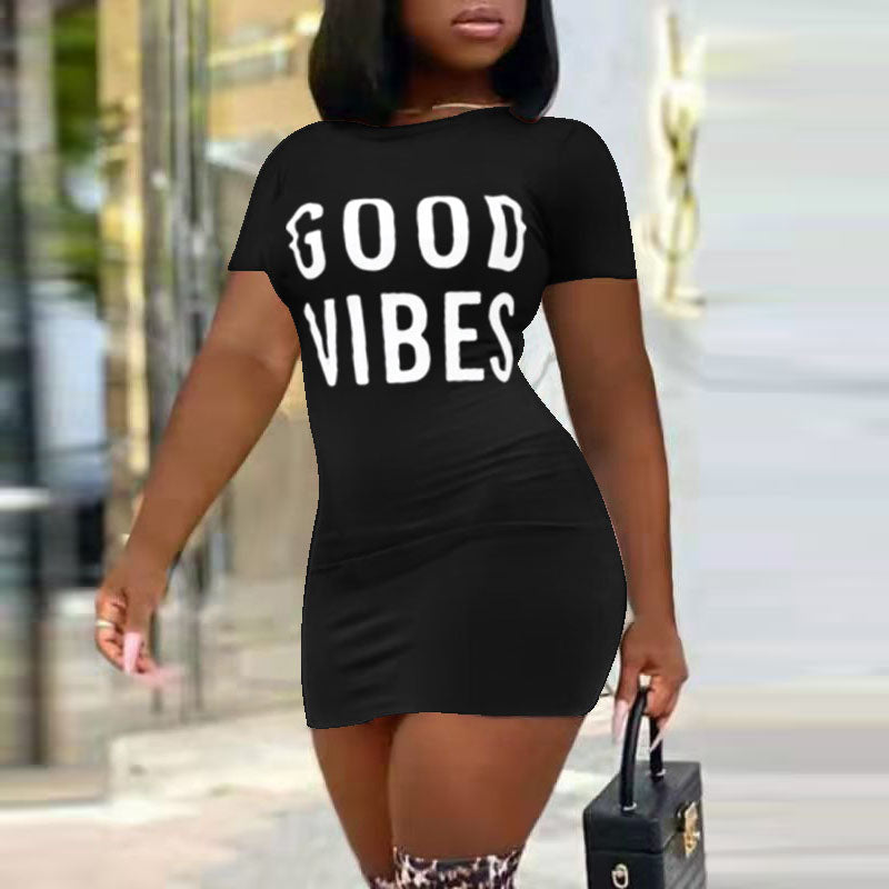 Summer Women Casual Sexy Letters Round Neck Letter Print Dress
