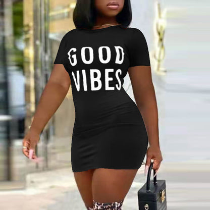 Summer Women Casual Sexy Letters Round Neck Letter Print Dress