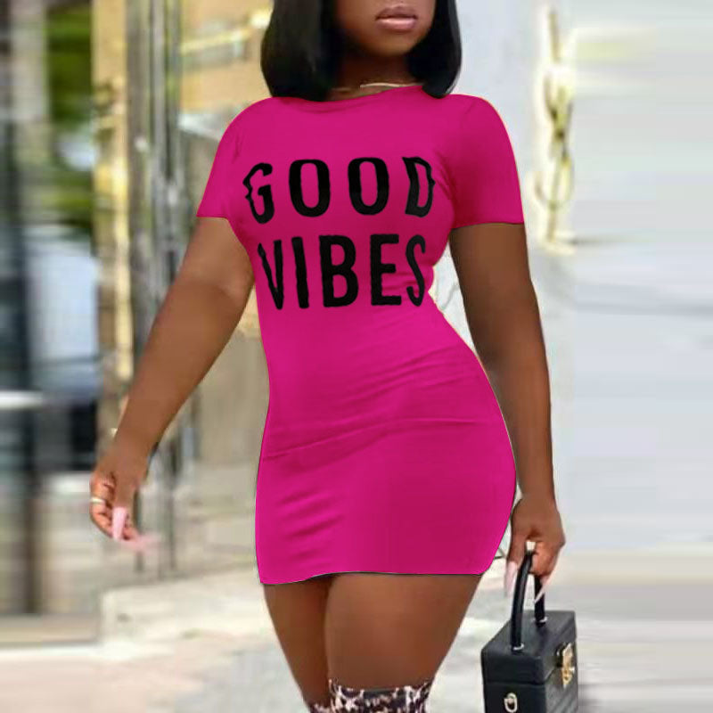 Summer Women Casual Sexy Letters Round Neck Letter Print Dress