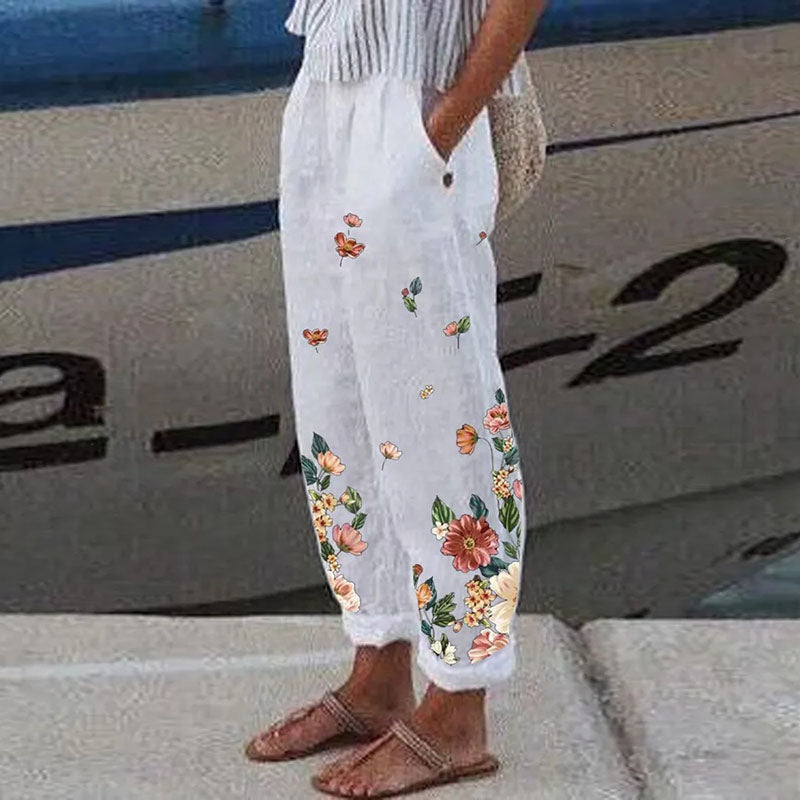 Pantalones elegantes de lino y algodón para mujer, con estampado floral vintage, cintura elástica y bolsillos, informales