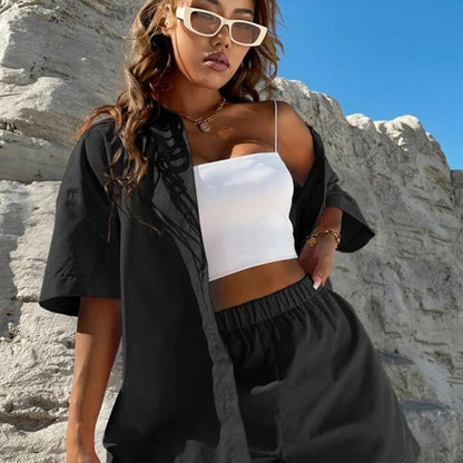 Traje de lino y algodón para mujer, color liso, camisas de manga larga y pantalones cortos, conjuntos casuales
