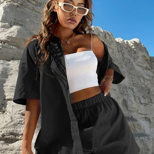 Traje de lino y algodón para mujer, color liso, camisas de manga larga y pantalones cortos, conjuntos casuales