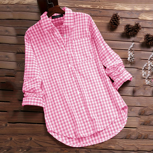 Blusa informal de manga larga con solapa a cuadros y botonadura sencilla para mujer