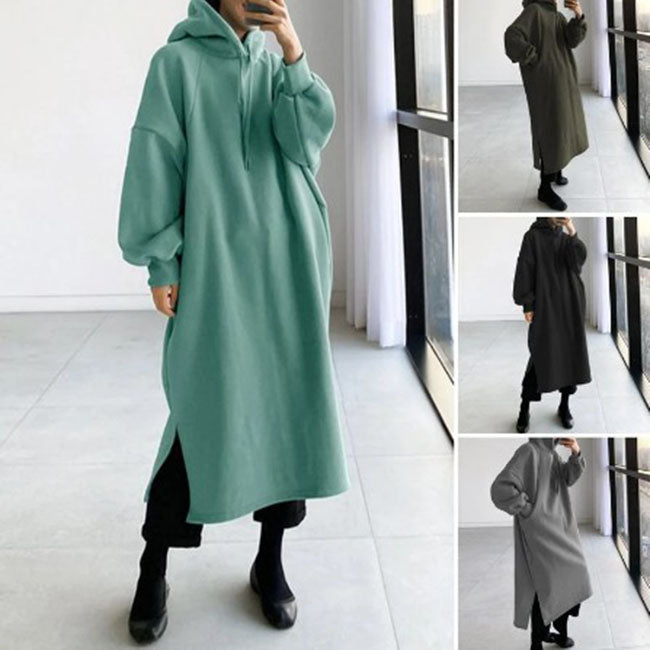 Women Casual Basic Autumn Winter Solid Color Long Sleeve Loose Hooded Dress