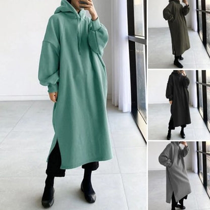 Women Casual Basic Autumn Winter Solid Color Long Sleeve Loose Hooded Dress