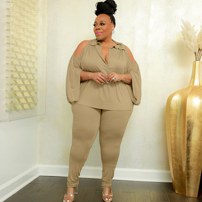 Conjunto informal de dos piezas con cuello en V y manga larga para mujer, talla grande, a la moda, de color liso